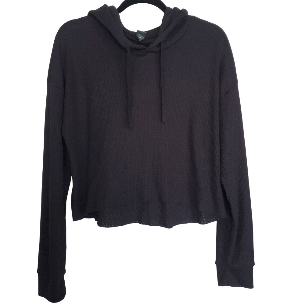 Wild Fable Black‎ Cropped Waffle Knit Pullover Hoodie w/ Drawstring Lounge SZ:M
